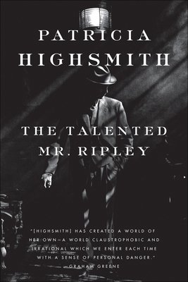 The Talented Mr Ripley by Patricia Highsmith book cover. Dark and dim theme with a man standing mostly in the dark with faint lights streaming down on him.