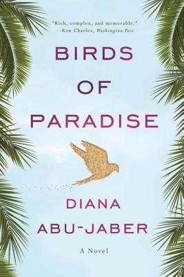 A golden bird is placed against a blue background. Green palms line the sides of the book. The text is purple.