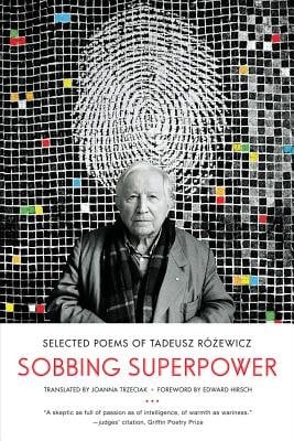 Sobbing Superpower by Tadeusz Różewicz, book cover. A black-tiled background with random color titles sprinkled around. In the center is a large fingerprint, and the poet stands in front of this mural with his hands in his jacket pocket, looking ahead.