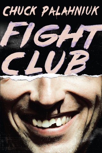 Book cover for Fight Club showing text covering a mans eyes and a man's smile being displayed