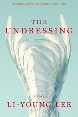 The Undressing by Li-Young Lee poetry book cover depicting large white & feathery angel wings on a pale blue background.