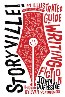 The cover of Storyville! depicts an illustration of a quill pen top in red with a smiley face in the middle and various drawings inside the quill.