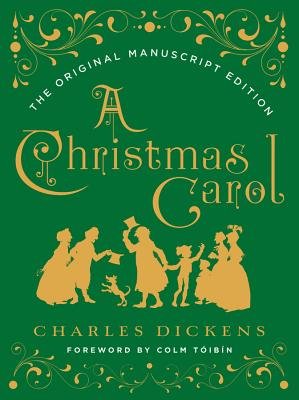 A Christmas Carol by Charles Dickens. Solid green background with gold silhouettes of characters centered and interacting under the title