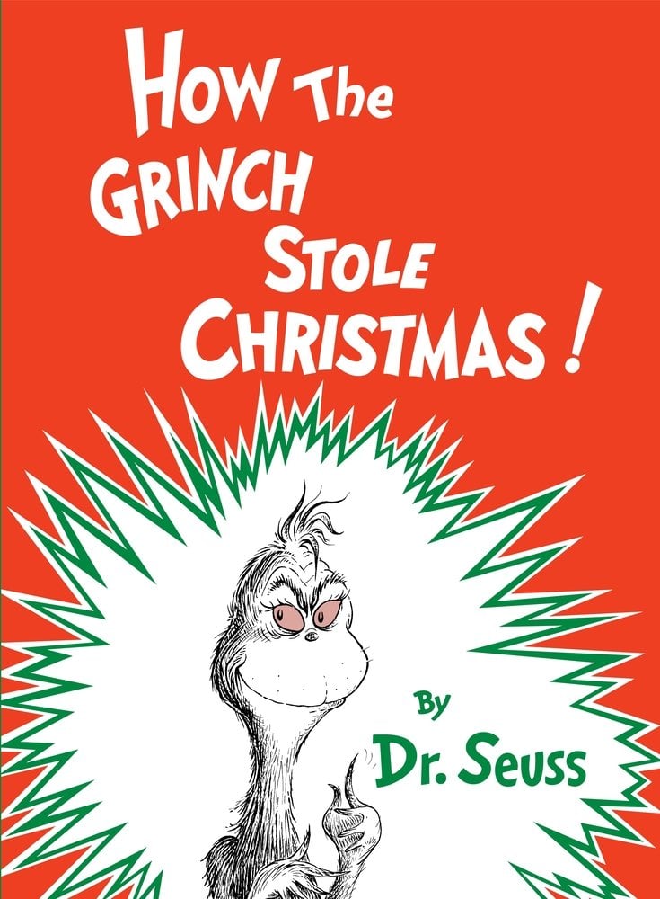 How the Grinch Stole Christmas by Dr. Seuss, a children's book cover depicting a black and white sketch of the Grinch in a spikey white and green bubble, over a red background.
