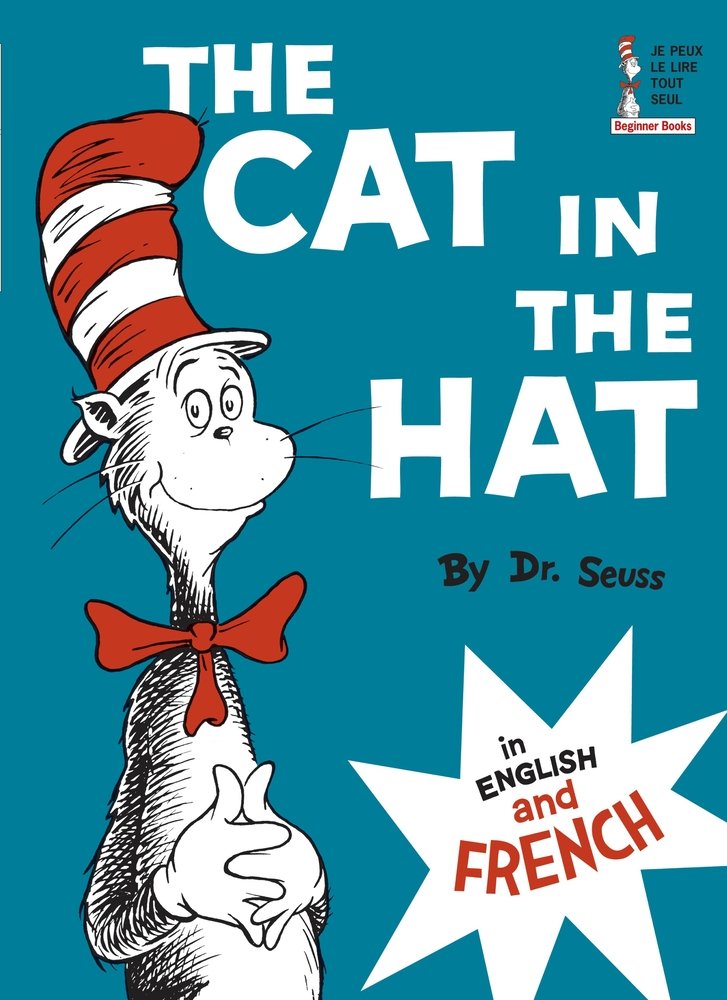 Book cover of "The Cat in the Hat/Le Chat Au Chapeau" by Dr. Seuss featuring a tall, humanoid black and white cat wearing a large red bowtie and red-and-white striped hat.
