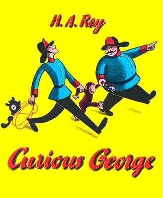 Curious George by H. A. Rey and Margret Rey. Two officers lead Curious George by the arms, one speaking to him and scolding him, with a bright yellow background behind.