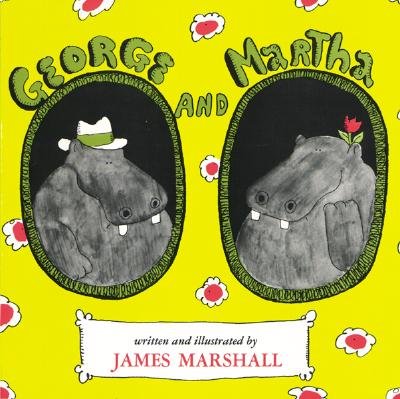 Book cover of George and Martha by James Marshall, featuring two large gray hippos - one wearing a white fedora and the other with a red flower behind one ear - in frames against a bright yellow background.