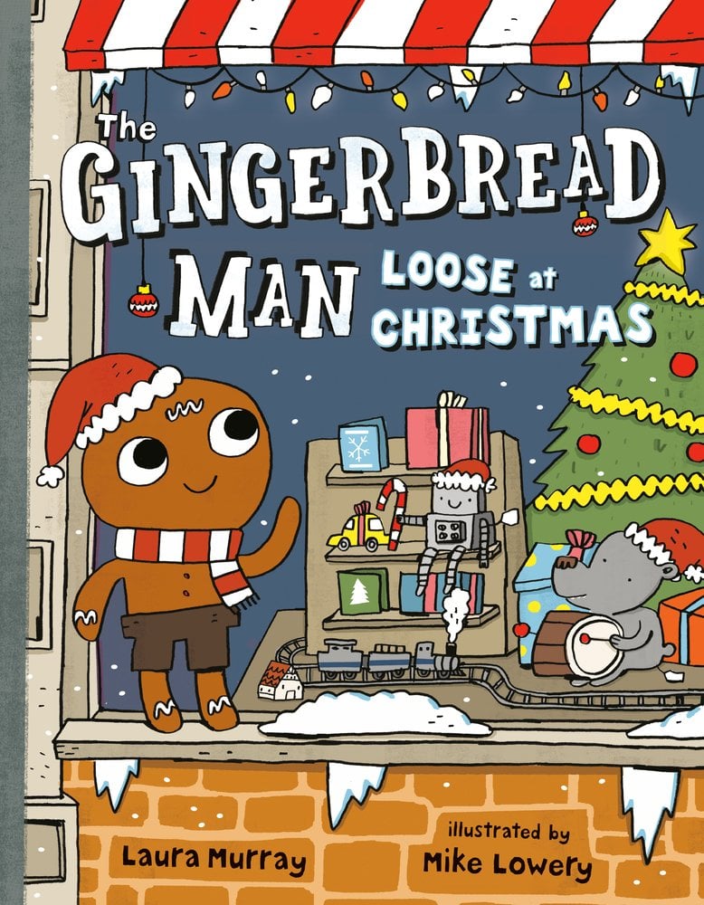 The Gingerbread Man Loose at Christmas by Laura Murray book cover is set against a deep, twilight‑blue background speckled with tiny stars or snowflakes, it features the gingerbread boy wearing a red and white striped scarf and a matching Santa‑style hat, looking eager and hopeful. To his right stands a decorated Christmas tree, its lights and star topper glowing warmly, while behind him is a cozy shopfront window framed with candy‑cane‑striped awning and holiday treats on display. The title itself is rendered in bold white letters, with “Loose at Christmas” in a slightly smaller size, perched above the window scene.