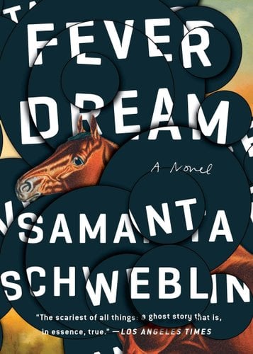 "Distancia de rescate" by Samanta Schweblin book cover of a brown realistic horse being behind multiple circles colored in to make the title.