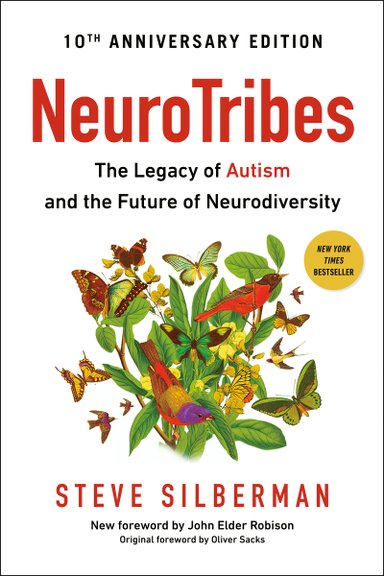 The cover of Neurotribes features a white background with red and black text. In the center is a group of flowers with butterfly's flying around them.