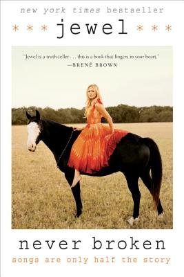 Book cover of Never Broken with Jewel riding on a horse in a field with a white background.