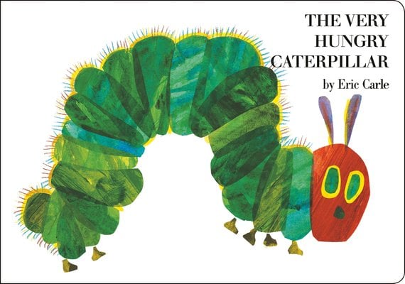 Book cover of The Very Hungry Caterpillar by Eric Carle, featuring an illustrated green caterpillar with a red head and yellow eyes on a white background.