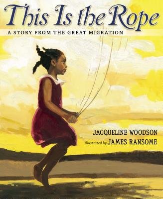 A little girl in a burgundy dress is jumping rope. Her ponytails are flying in the wind. She is set against a yellow and brown background. the title is at the top in large, dark blue letters. The author's name is near the bottom on the right side in small, black letters.
