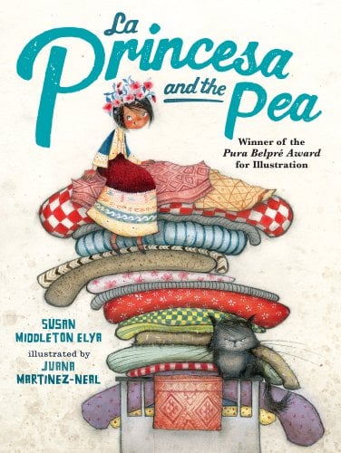 A little girl sits atop a stack of diferent colored and patterened blankets. She has flowers in her hair and is wearing a patterened skirt and top. A grumpy cat sits at the bottom of the stack of blankets. The title is in large, blue letters at the top. The author's name is in small, blue letters at the bottom. Everything is set against a weathered beige background.