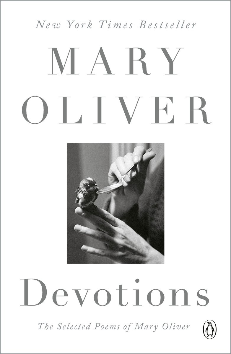 Devotions by Mary Oliver. White border around a photo of someone spoon feeding a bird.