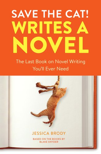 Save the Cat! Writes a Novel by Jessica Brody book cover, an orange cat dangling from a rope on the page of an open book.