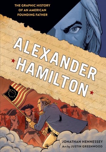 A blue tinted portion of man's face with medium length white hair lays in the top right corner. In the middle is a faded beige banner with old cursive and white text. In the bottom frame is a man with a blue coat holding an old American flag with soldiers in the background.