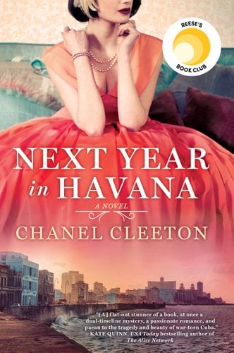 A woman in a coral-colored dress sits with her elbows resting on her knees. A view of the Malecón in Havana frames the bottom of the cover.