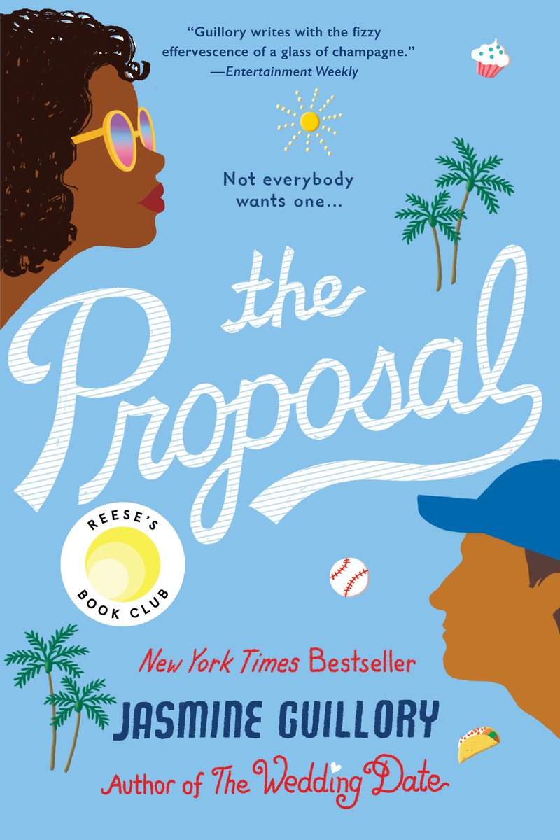 The Proposal by Jasmine Guillory, blue book cover featuring an illustrated woman and a man, with little icons scattered around the page, including palm trees, a taco, a baseball and a sun.