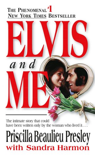 Book cover for Elvis and Me by Priscilla Presley with a white background and red letters and a heart-shaped picture of Priscilla and Elvis and a bouquet of flowers