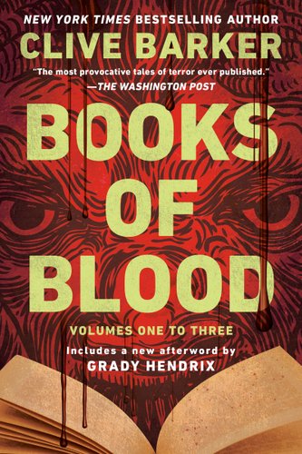 Books of Blood (volumes one to three) by Clive Barker. Overlapping grey statues of demons make up the cover.
