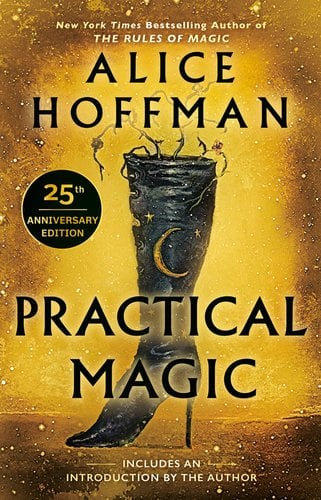 Practical Magic by Alice Hoffman book cover. A black high heeled boot with a crescent moon drawn on the side and wilting roses growing out of the top stands alone on a gold surface with gold light shining from behind it.