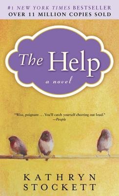 The Help by Kathryn Stockett book cover of a yellow background with a branch holding three birds. The title is in a purple design with a white outline.
