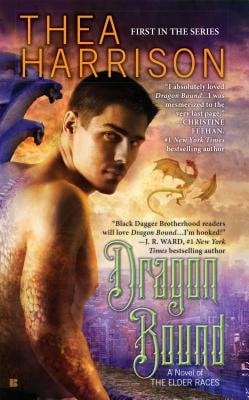 A cover of Dragon Bound by Thea Harrison. There is a man with dragon wings on the cover.