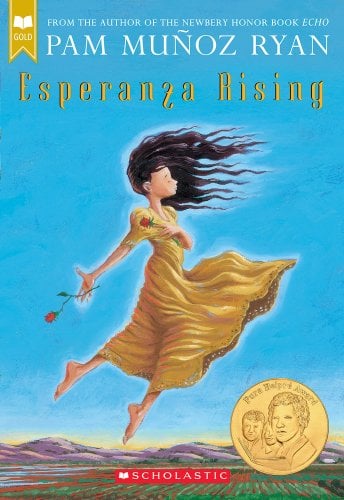 Book cover with a young girl on it, floating in the sky. She has long black hair and a golden dress, and is holding two roses. Below her we can see a distant image of a farming landscape.