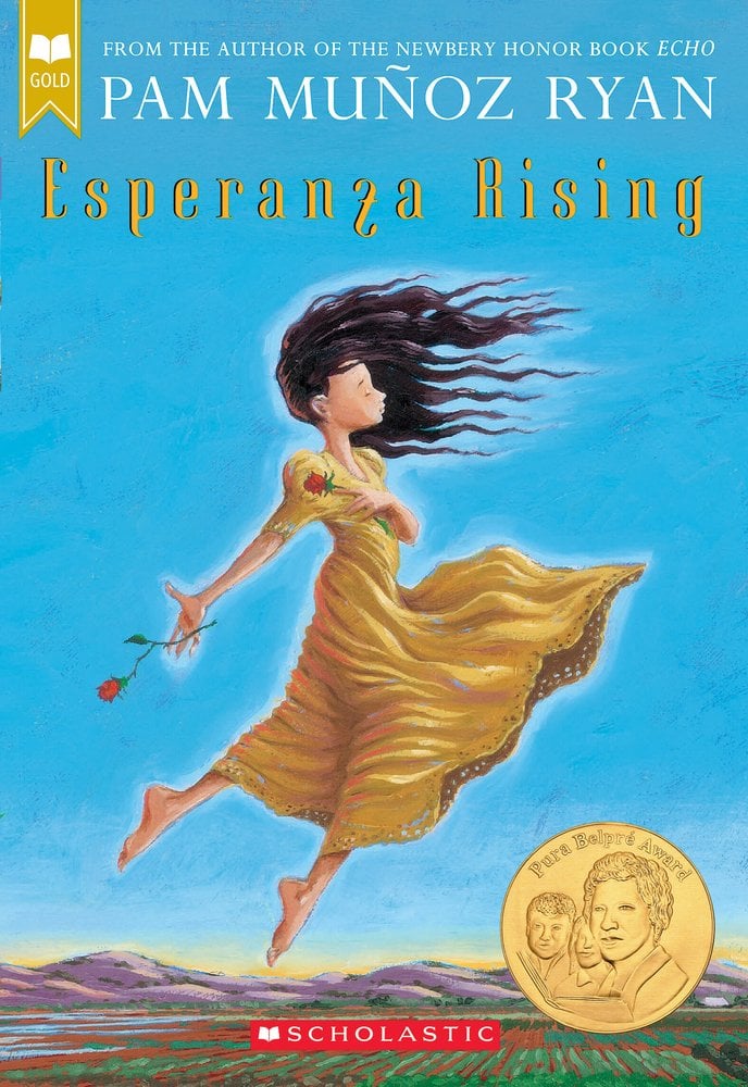 Esperanza Rising by Pam Muñoz Ryan, a middle-grade children's book about immigration cover depicting a girl in a yellow dress holding two red roses on a light blue background.