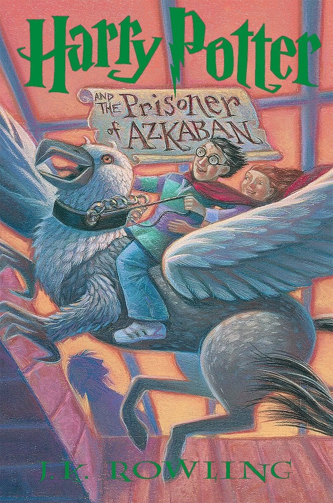 Harry Potter and the Prisoner of Azkaban by J.K. Rowling. An illustrated Harry and Hermione ride Buckbeak, with a silhouette of a figure visible in a window behind them.
