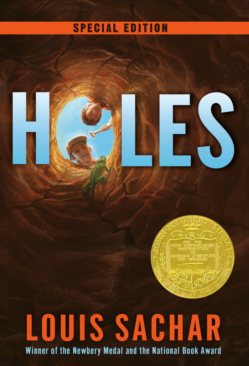 The cover of children's novel Holes, depicting two children looking into a hole and down at the viewer.