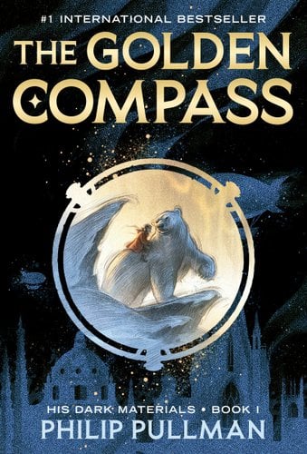The cover of The Golden Compass by Philip Pullman. There is an arctic landscape, with a polar bear charging through the snow. A girl is riding the bear. The title is written in ornate gold, with the "C" being a compass.