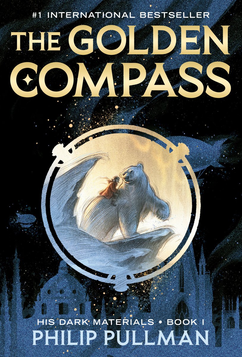 the cover of Phillip Pullman's The Golden Compass, with a drawing of a polar bear with a girl on its back on a black background with a blue skyline and blue blimps.