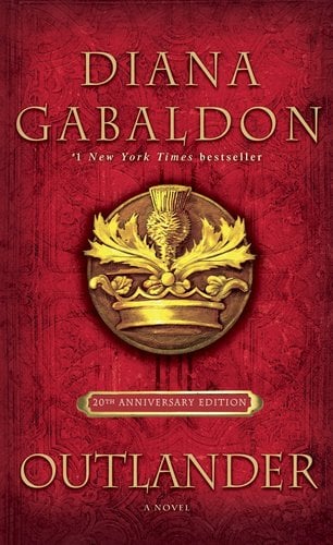 Outlander by Diana Gabaldon cover; red background with golden seal