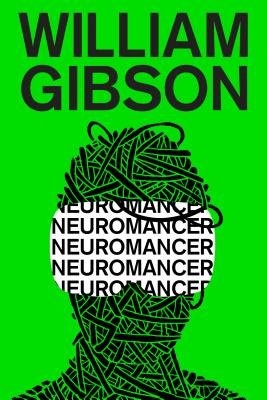Neuromancer by William Gibson. A bright green cover with a human shape made of black wires in the middle.