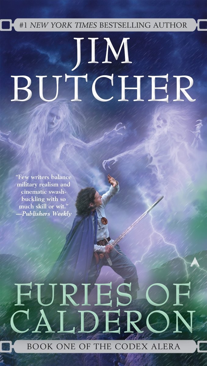 Furies of Calderon by Jim Butcher, a fantasy book cover depicting a dark-haired man with a blue cape, holding a sword against personified lightning spirits during a dark storm.