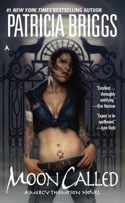 Moon Called by Patricia Briggs, book cover, shapeshifter Mercy Thompson standing in front of an iron gate under the full moon.