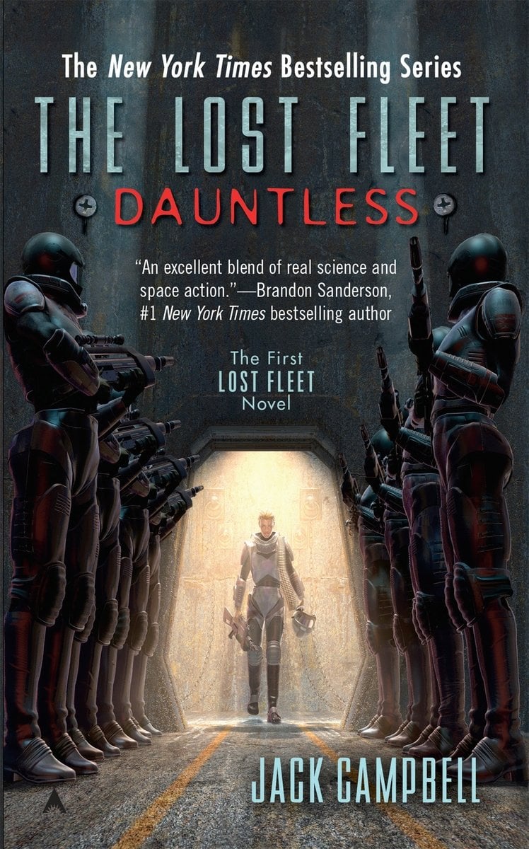 Book cover for Dauntless by Jack Campbell with a cover depicting a soldier standing between two rows of military, the row on the left pointing guns at him and the right row saluting him.