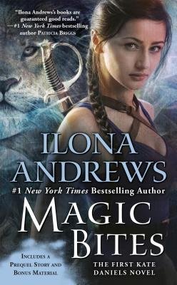 Magic Bited by Ilona Andrews. Has a woman looking out on the right side with a braid and sword strapped to her back amidst smoke