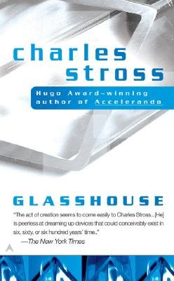 "Glasshouse" by Charles Stross book cover, illustrating a piece of glass on top.