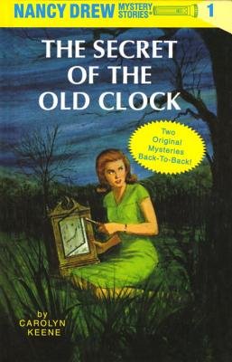 Vintage book cover of Nancy Drew: The Secret of the Old Clock by Carolyn Keene. Nancy is sitting in a grassy field beneath a tree while tinkering with an old clock. She is wearing a green collared dress, and the sky is dark blue behind her.