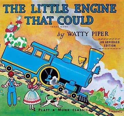 The Little Engine That Could by Watty Piper, a children's book cover depicting a blue train engine going down a grassy mountain, passing by a man in blue overalls and a white shirt, a woman in a white and blue dress, wearing a yellow hat with a red bow, and a white dog chasing the train. On the train is a clown wearing a white and green suit.
