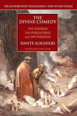 The Divine Comedy by Dante Alighieri, with a circa Italy 1300 book cover that has two people standing over legs sticking out of the ground with smoke.