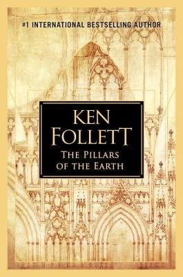The Pillars of the Earth by Ken Follet, an 80's fiction book cover depicting a light yellow-beige background with ornate gothic arch motifs, the title “The Pillars of the Earth” in yellow all-caps, serif font centered in a black panel, and the author’s name Ken Follett above.
