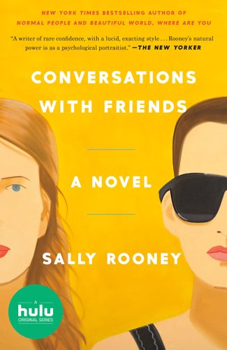 yellow book cover of Conversations With Friends with two illustrated faces on each side