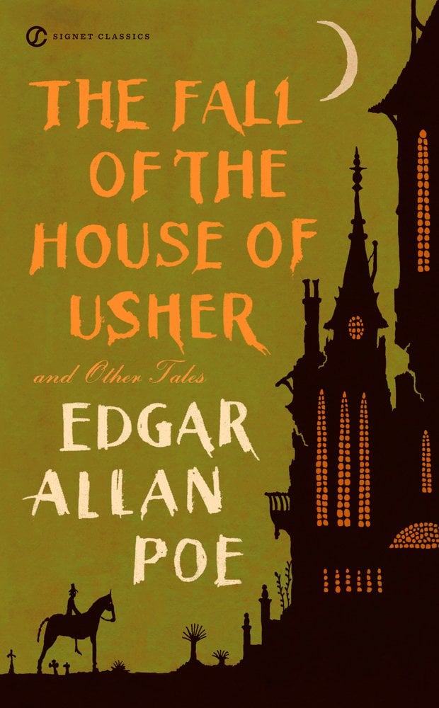 Cover of The Fall of the House of Usher by Edgar Allan Poe. There is a green background with a moon in the sky. On the right is a black haunted house like image and on the left is a man on the horse facing it.