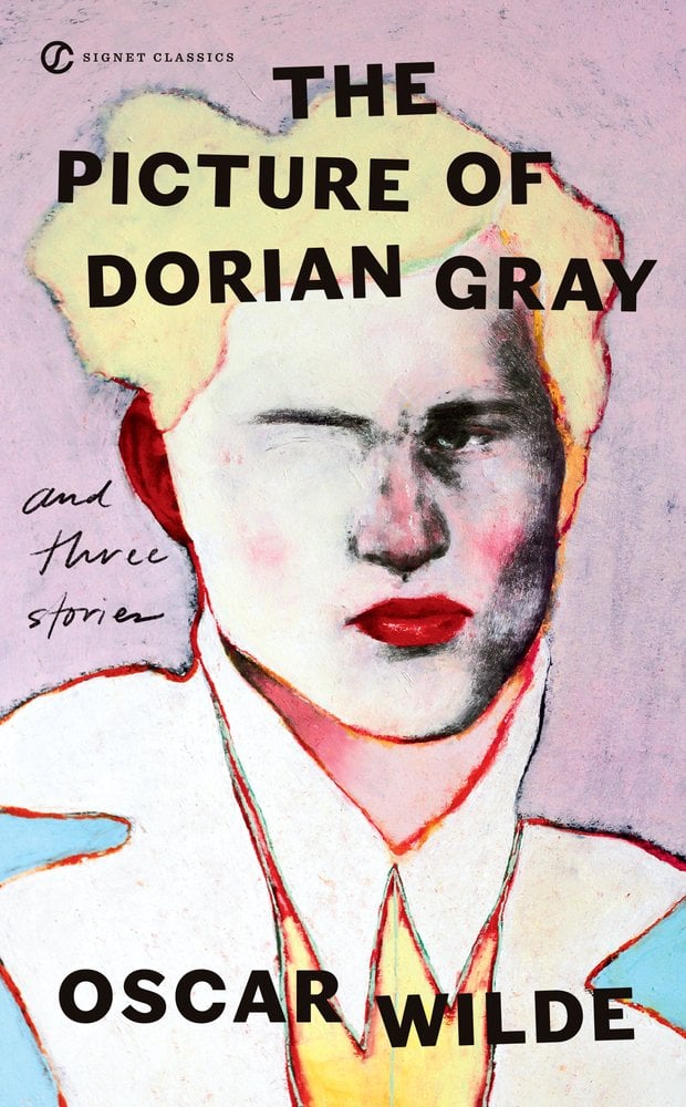 Cover of The Picture of Dorian Gray by Oscar Wilde. A painting of a man's face and shoulders is placed against a pink background. His hair is blonde and he is missing one eye. He is wearing a white collared top with a yellow under shirt and blue jacket.