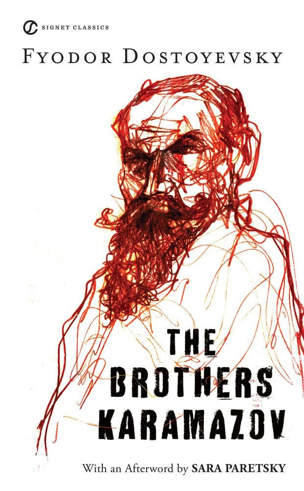 An abstract red-line painting of a man on a white background. The title and author's name is in black.