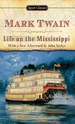 A big riverboat cruise on blue water behind a blue sky, with the top of the book cover being laid out in a background of beige, with "Mark Twain" in big, bold red lettering, with "Life On The Mississippi" and "With A New Afterword by John Seeyle" in smaller black text.